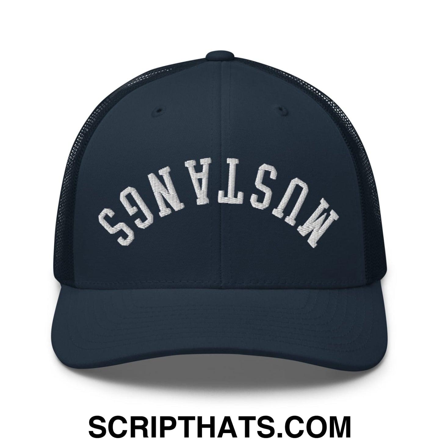 Navy blue mesh trucker hat with white embroidered mustangs arch on front titled upside down mustangs embroidered mesh trucker hat
