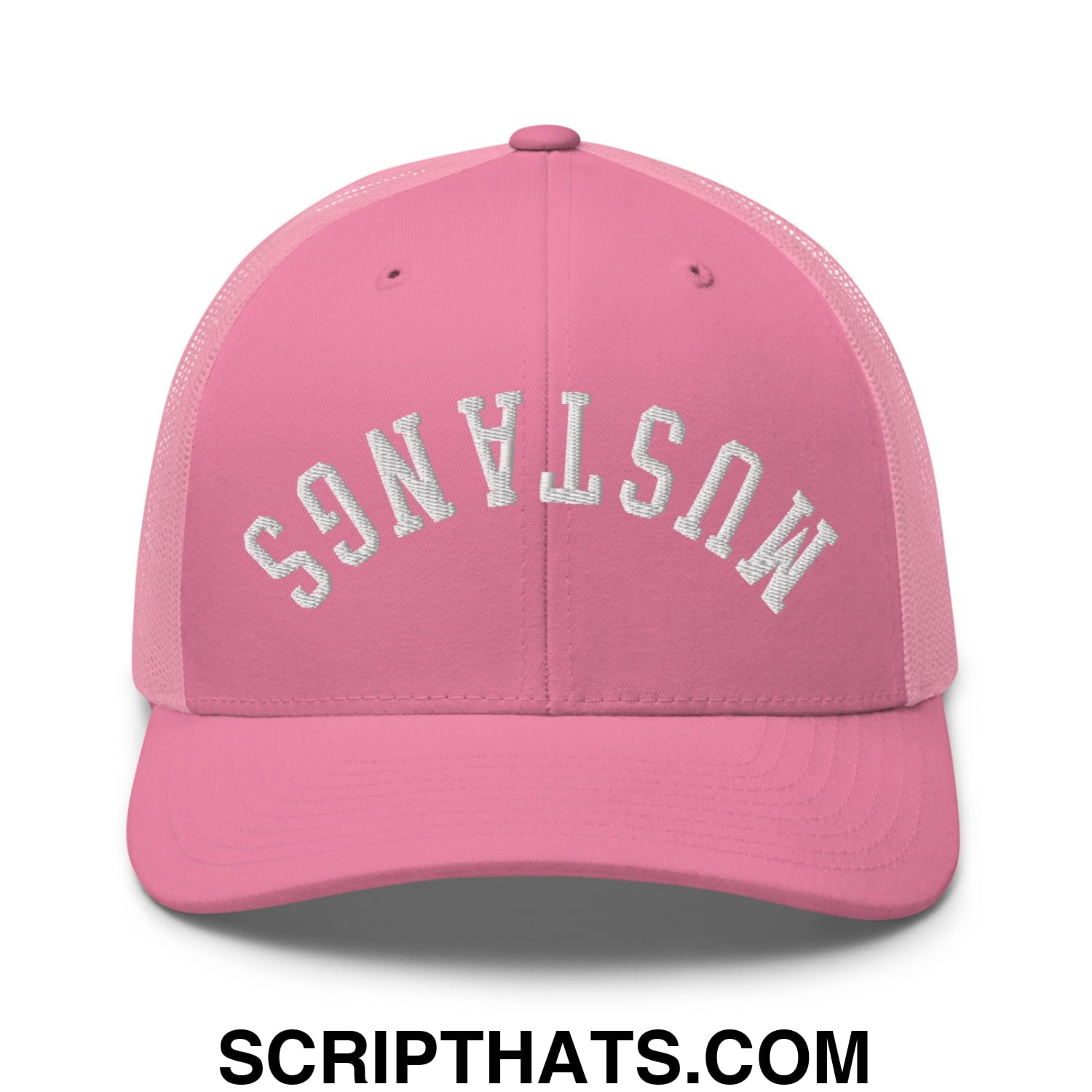 Pink mesh trucker hat with white embroidered mustangs lettering across the front from upside down mustangs collection