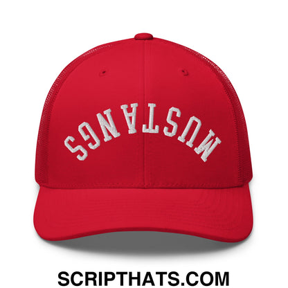 Red mesh trucker hat featuring white embroidered mustangs lettering across the front in upside down style