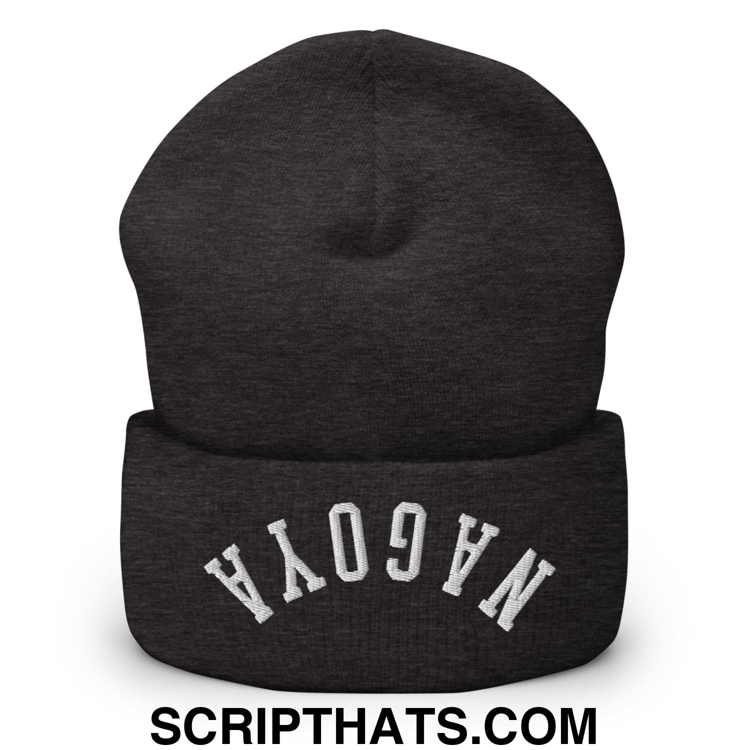 Upside Down Nagoya Embroidered Cuffed Knit Beanie Dark Grey