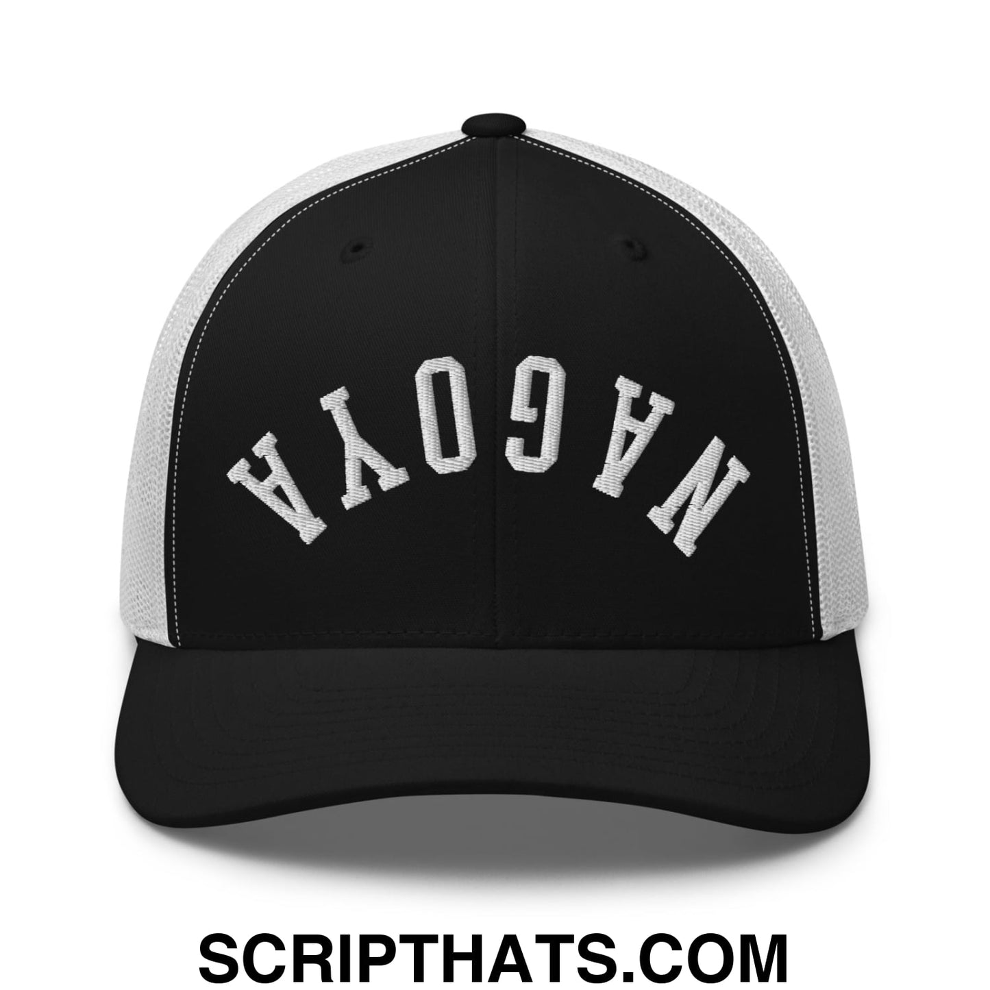 Upside Down Nagoya Embroidered Mesh Trucker Hat Black White
