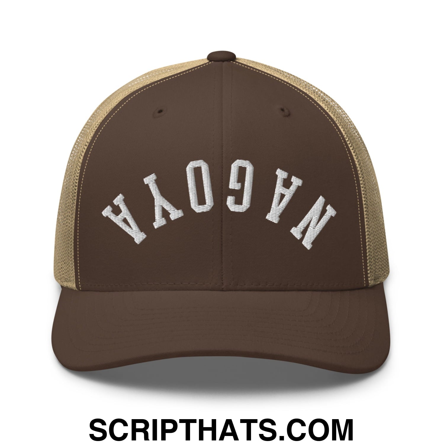 Upside Down Nagoya Embroidered Mesh Trucker Hat Brown Khaki