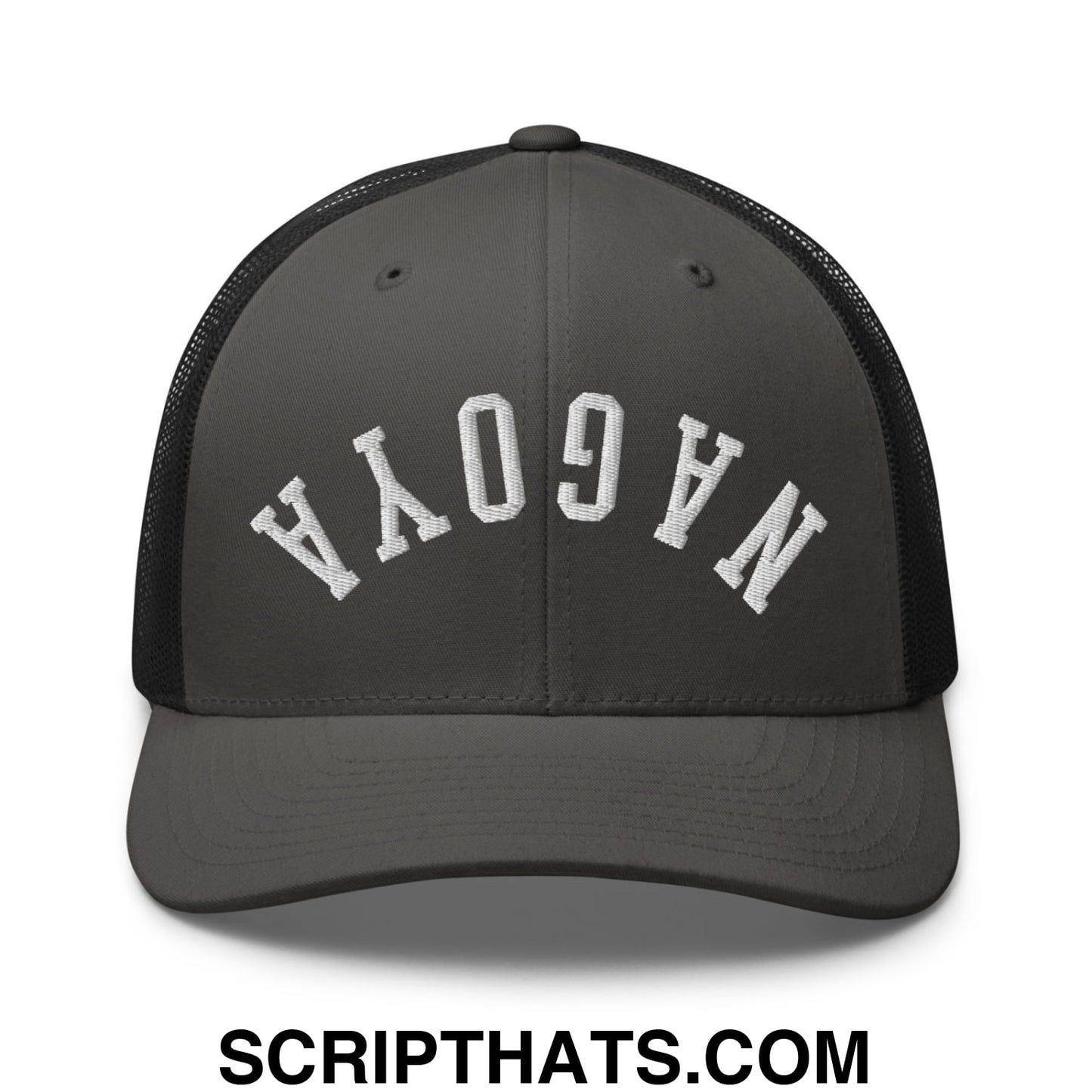 Upside Down Nagoya Embroidered Mesh Trucker Hat Charcoal Black