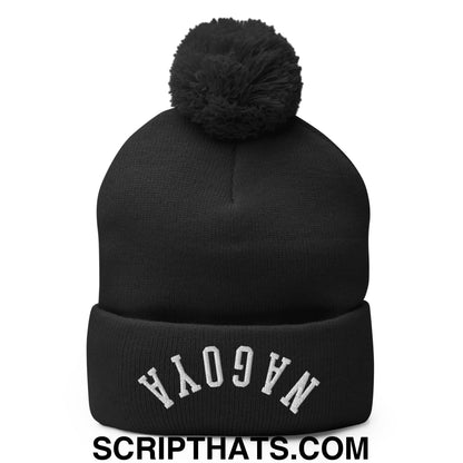 Upside Down Nagoya Embroidered Pom Pom Knit Beanie Black