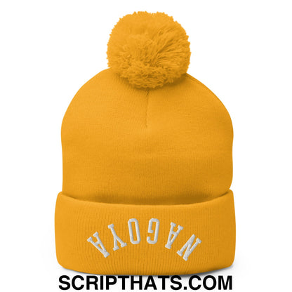 Upside Down Nagoya Embroidered Pom Pom Knit Beanie Gold