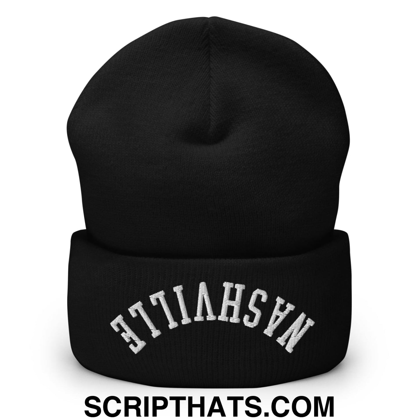 Black knit cuffed beanie with white embroidered nashville arch in upside down design for cold weather use
