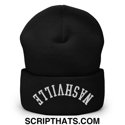 Black knit cuffed beanie with white embroidered nashville arch in upside down design for cold weather use