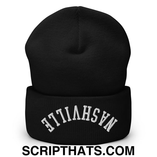 Upside Down Nashville Embroidered Cuffed Knit Beanie Black