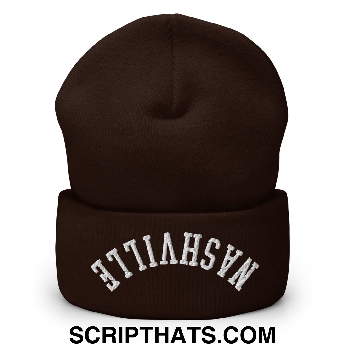 A dark brown knit beanie with white nashville embroidery on the cuff called upside down nashville embroidered cuffed knit beanie