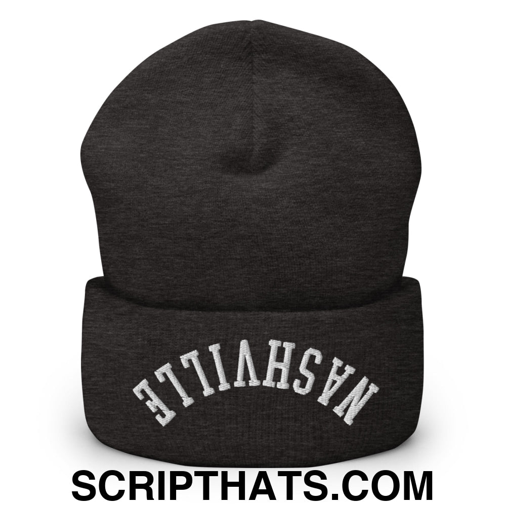 Upside Down Nashville Embroidered Cuffed Knit Beanie Dark Grey