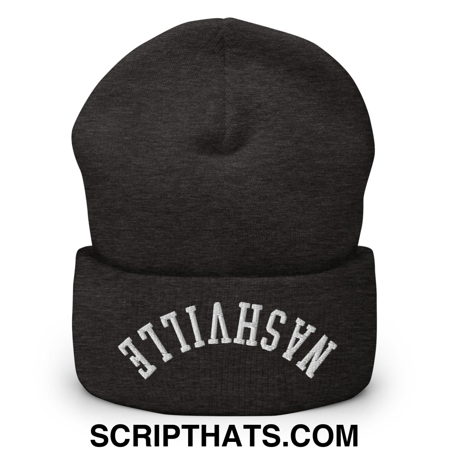 Black heathered knit beanie with white embroidered nashville on the cuff from the upside down collection