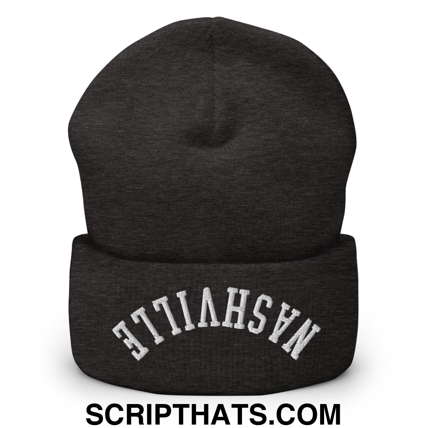 Black heathered knit beanie with white embroidered nashville on the cuff from the upside down collection
