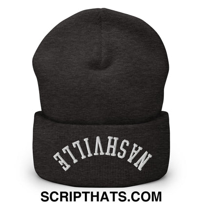 Black heathered knit beanie with white embroidered nashville on the cuff from the upside down collection