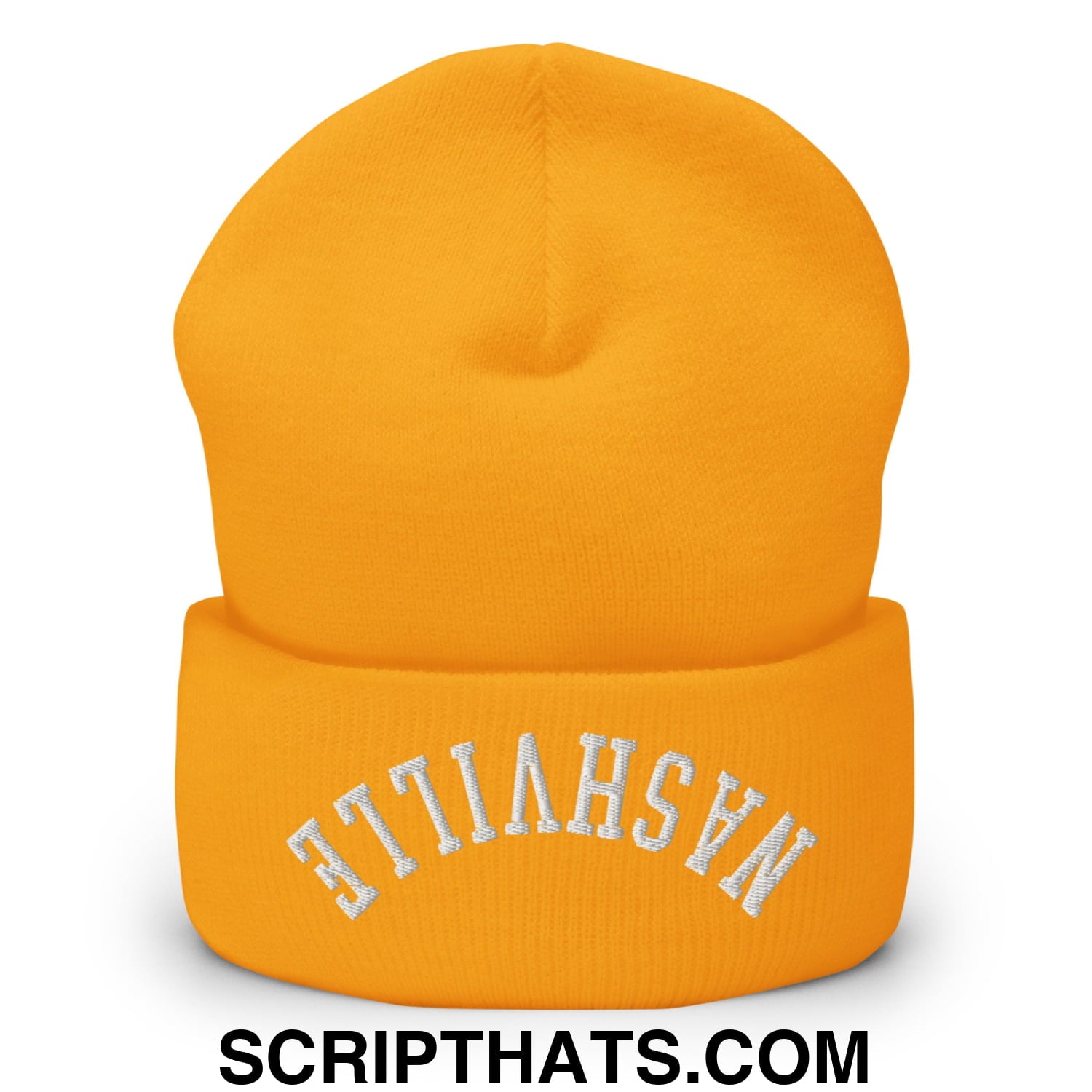 A vibrant orange knit beanie with nashville embroidered in white on the cuff called upside down nashville cuffed knit beanie