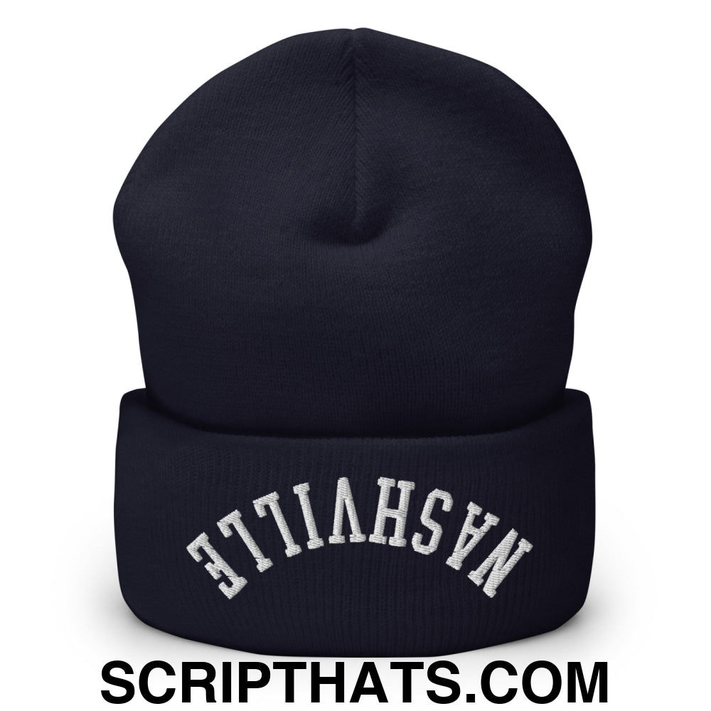 Upside Down Nashville Embroidered Cuffed Knit Beanie Navy