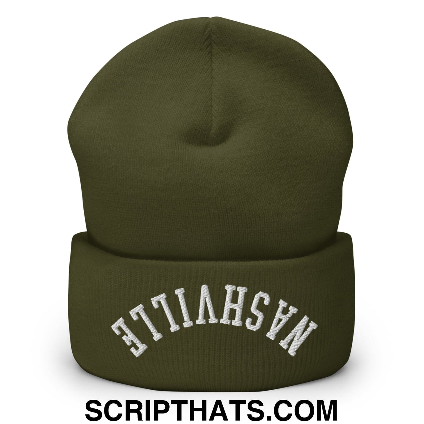 Olive green knit cuffed beanie with white nashville embroidery featuring an upside down design on the folded cuff