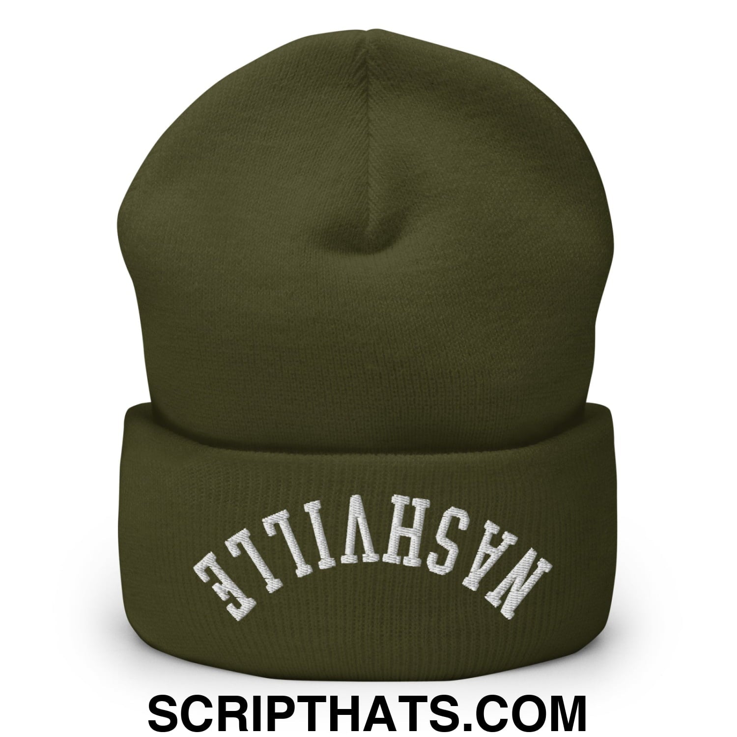 Olive green knit cuffed beanie with white nashville embroidery featuring an upside down design on the folded cuff