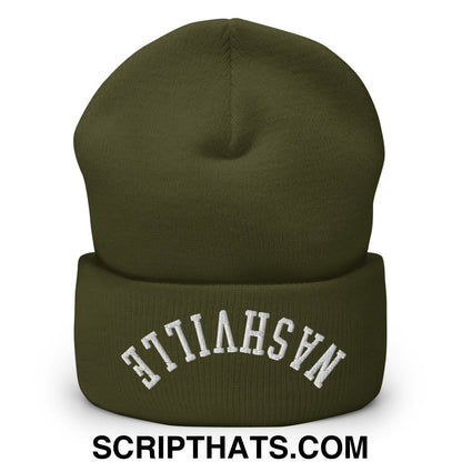 Olive green knit cuffed beanie with white nashville embroidery featuring an upside down design on the folded cuff