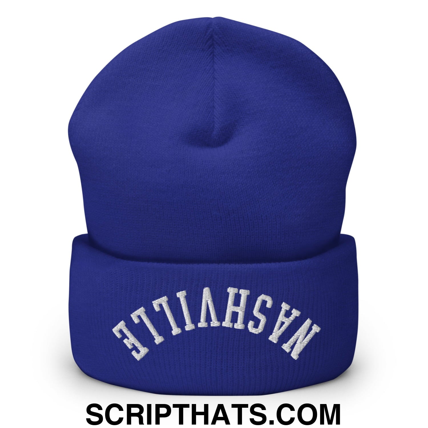 Royal blue knit beanie with white embroidered Nashville on cuff in upside down style for cozy winter wear