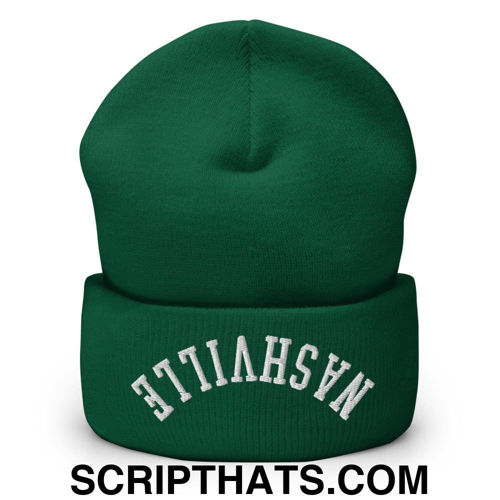 Upside Down Nashville Embroidered Cuffed Knit Beanie Spruce