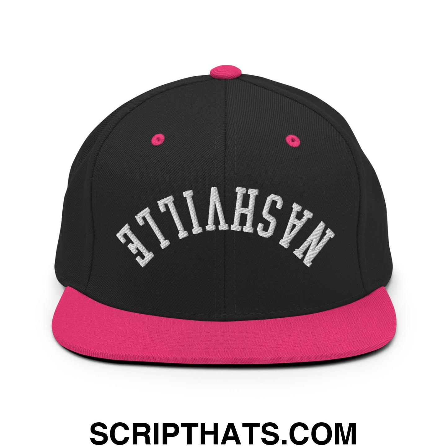 Upside Down Nashville Embroidered Flat Bill Brim Snapback Hat Black Neon Pink