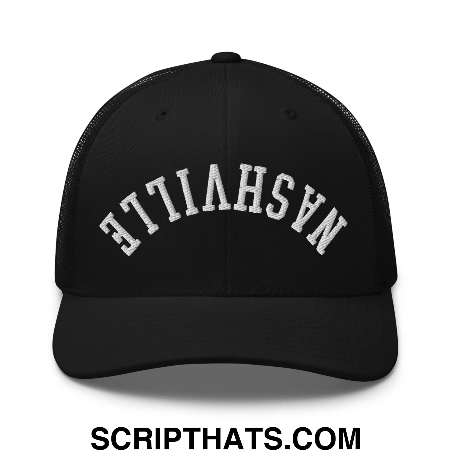 Upside Down Nashville Embroidered Mesh Trucker Hat Black
