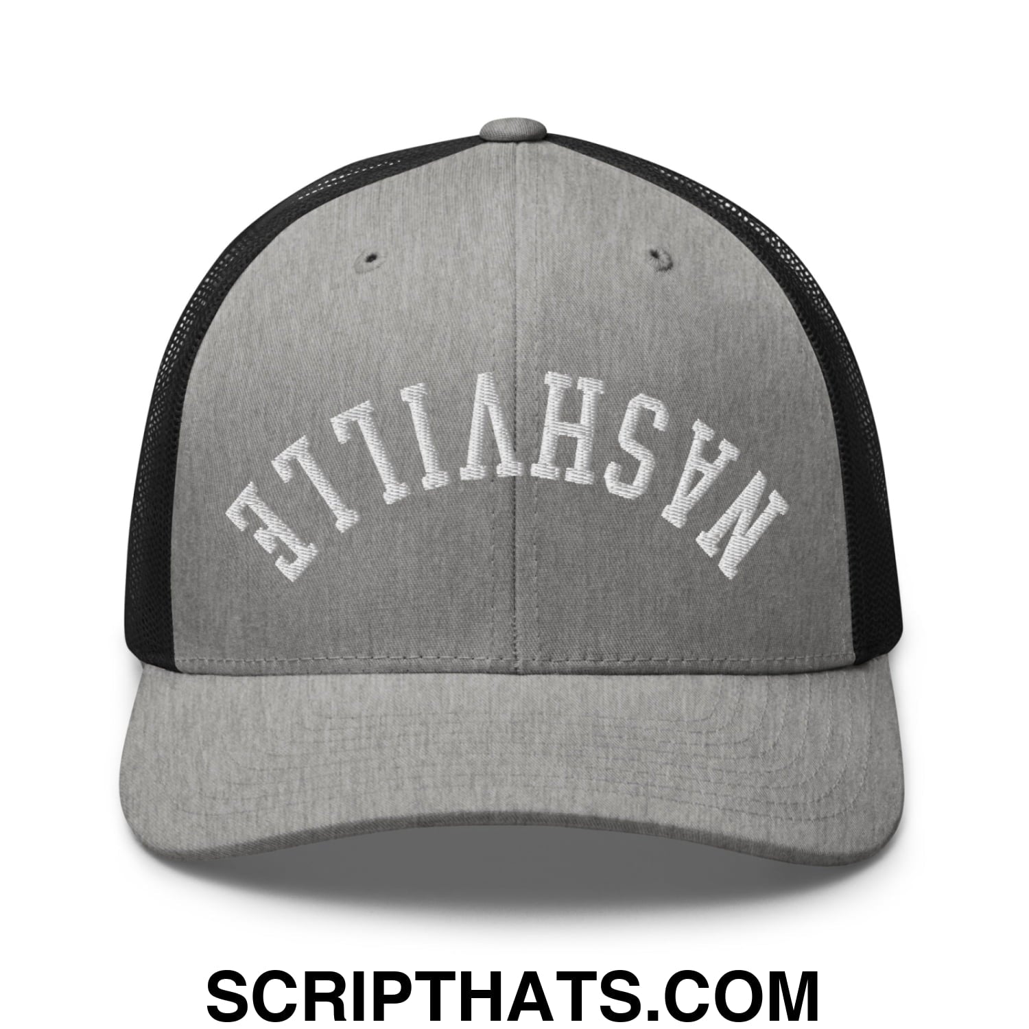 Upside Down Nashville Embroidered Mesh Trucker Hat Heather Black