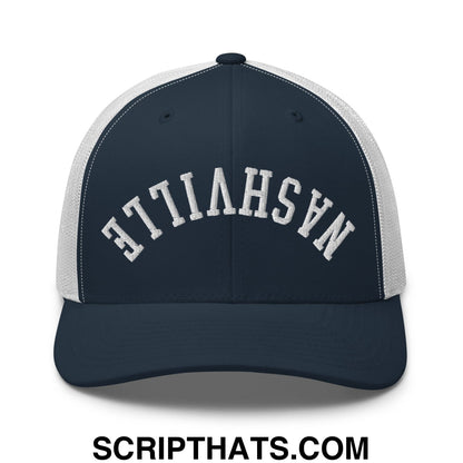 Upside Down Nashville Embroidered Mesh Trucker Hat Navy White