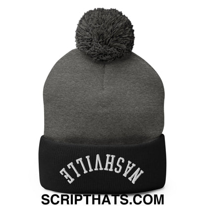 Upside Down Nashville Embroidered Pom Pom Knit Beanie Dark Heather Grey Black