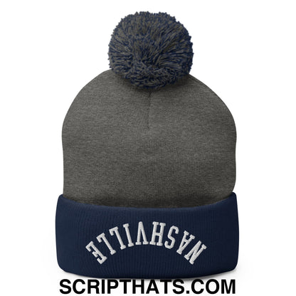 Upside Down Nashville Embroidered Pom Pom Knit Beanie Dark Heather Grey Navy