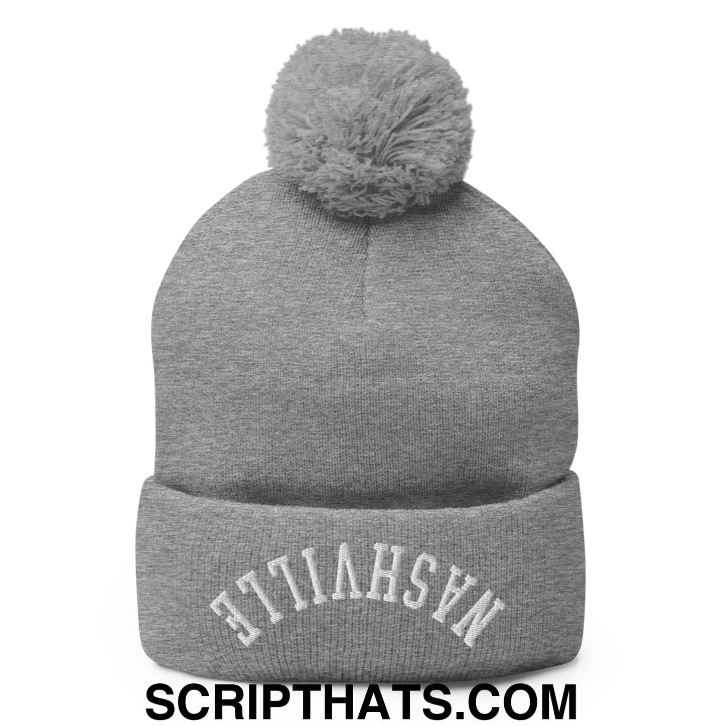 Upside Down Nashville Embroidered Pom Pom Knit Beanie Heather Grey
