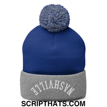 Upside Down Nashville Embroidered Pom Pom Knit Beanie Royal Heather Grey