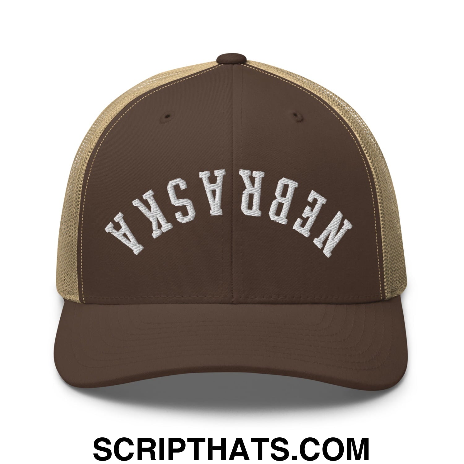 Upside Down Nebraska Embroidered Mesh Trucker Hat Brown Khaki