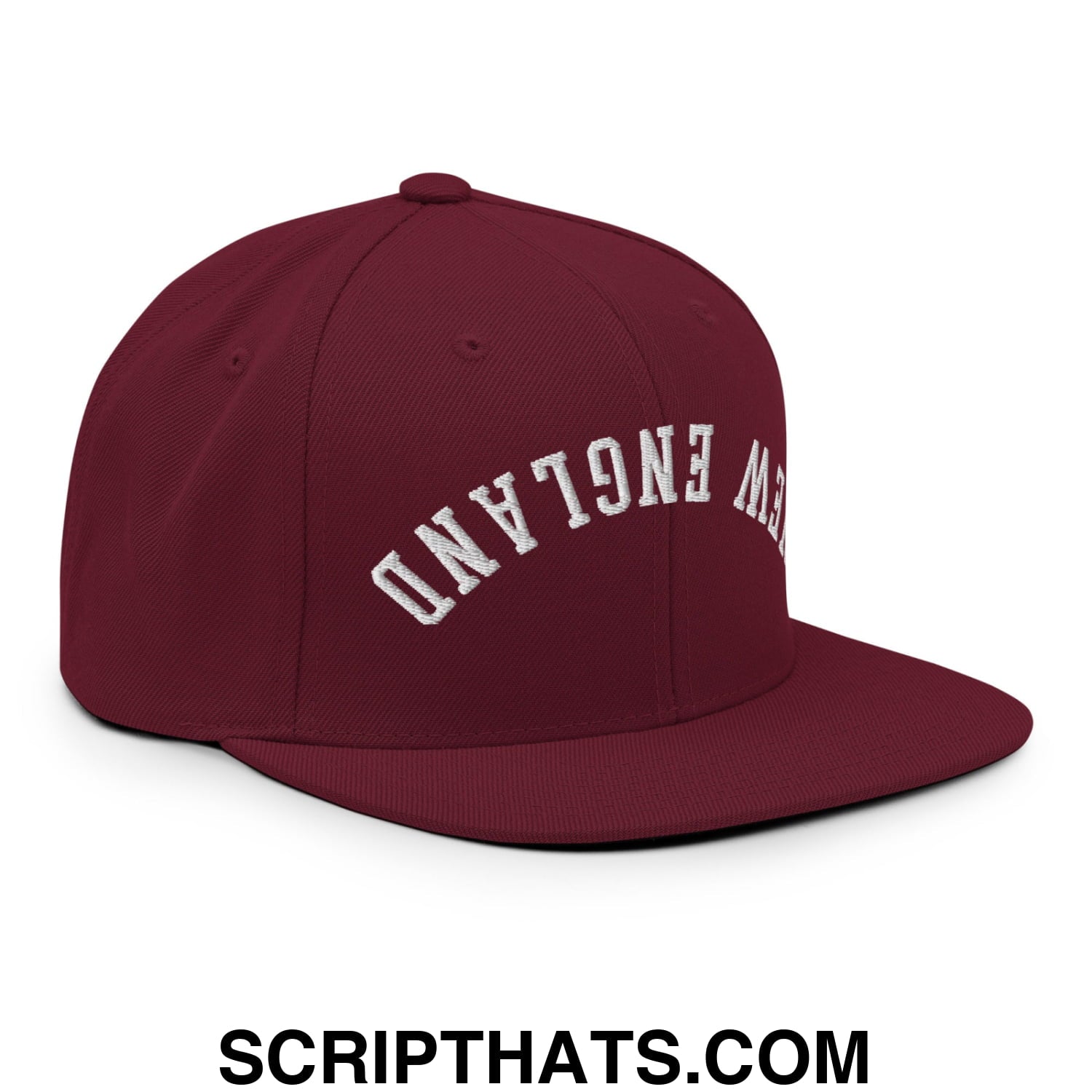 Upside Down New England Embroidered Flat Bill Brim Snapback Hat Maroon