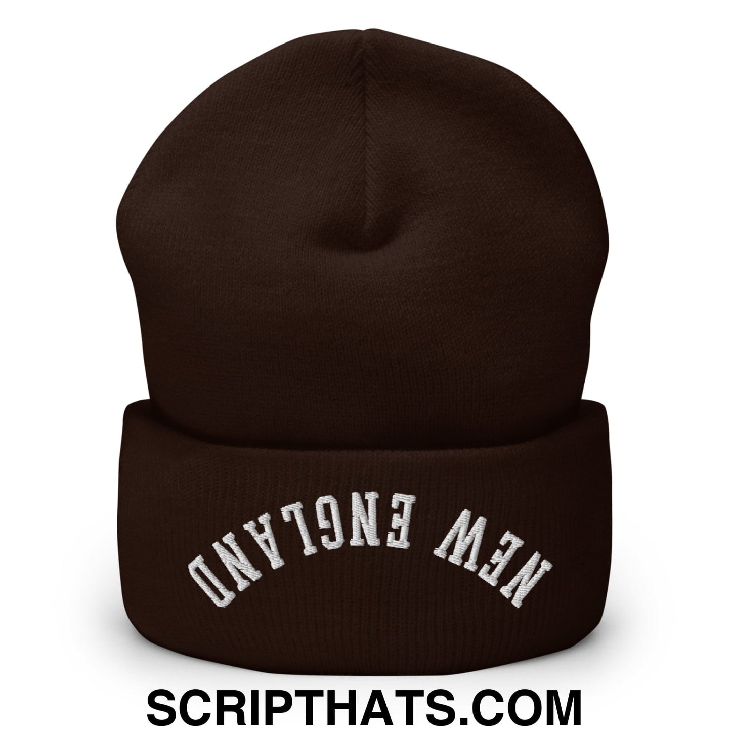 Upside Down New England Embroidered Knit Cuffed Beanie Brown
