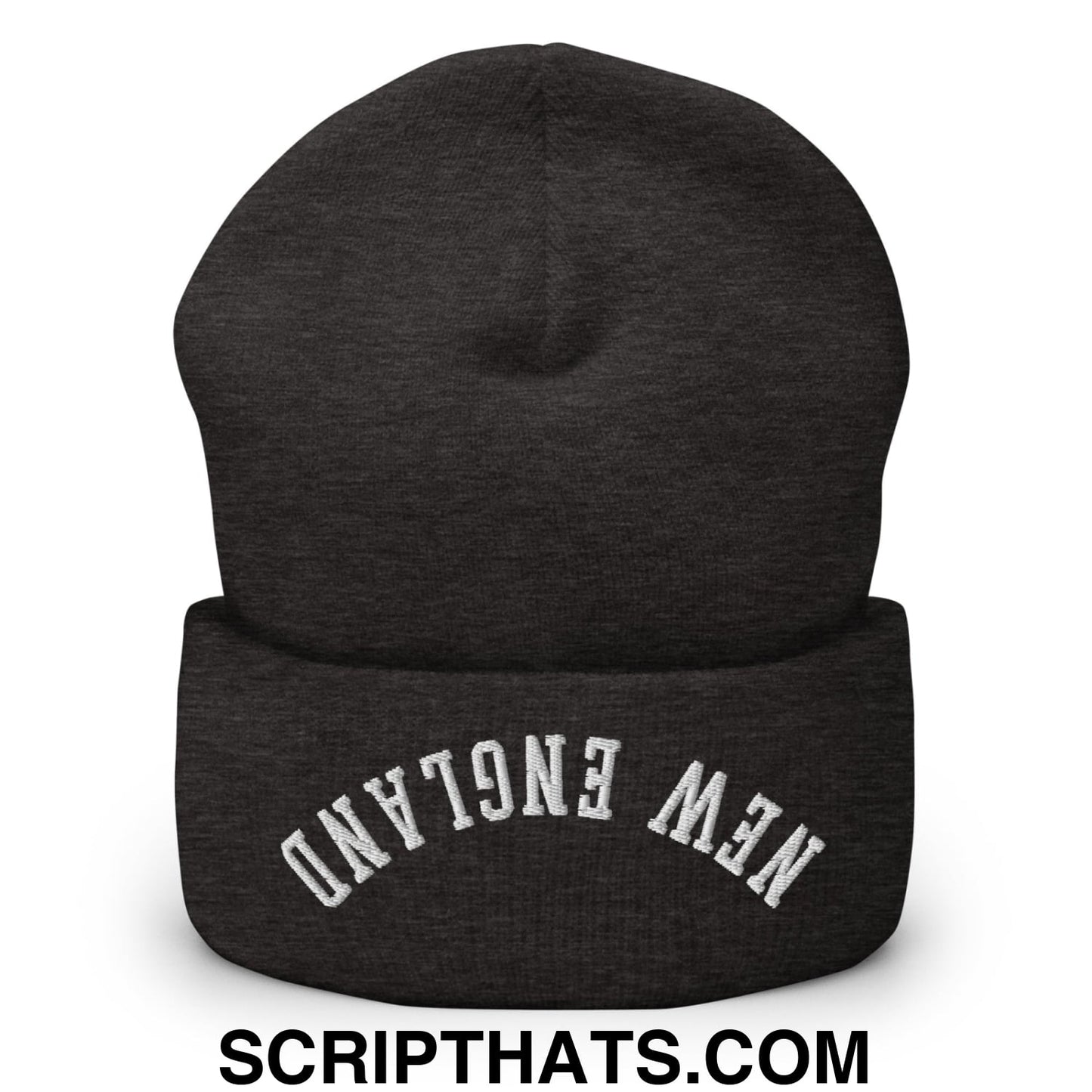Upside Down New England Embroidered Knit Cuffed Beanie Dark Grey