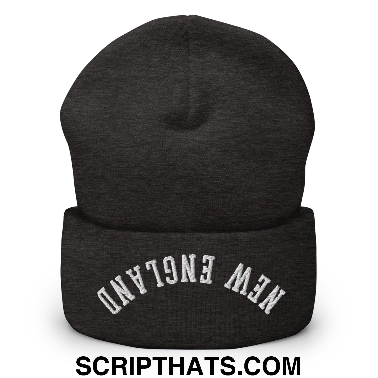 Upside Down New England Embroidered Knit Cuffed Beanie Dark Grey