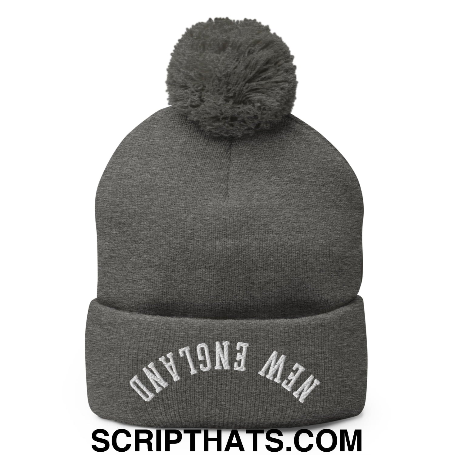 Upside Down New England Embroidered Knit Pom Pom Beanie Dark Heather Grey
