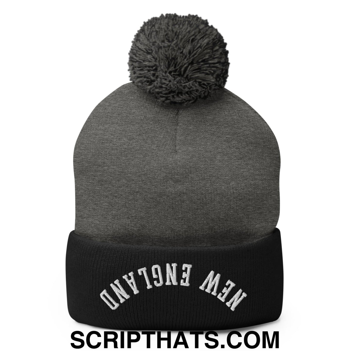Upside Down New England Embroidered Knit Pom Pom Beanie Dark Heather Grey Black