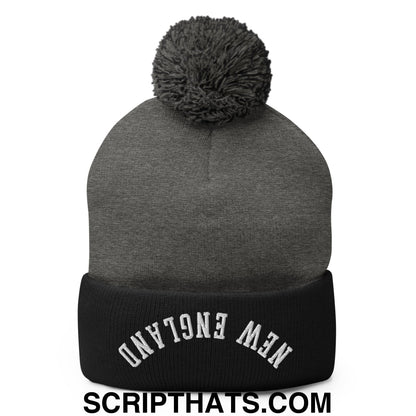 Upside Down New England Embroidered Knit Pom Pom Beanie Dark Heather Grey Black