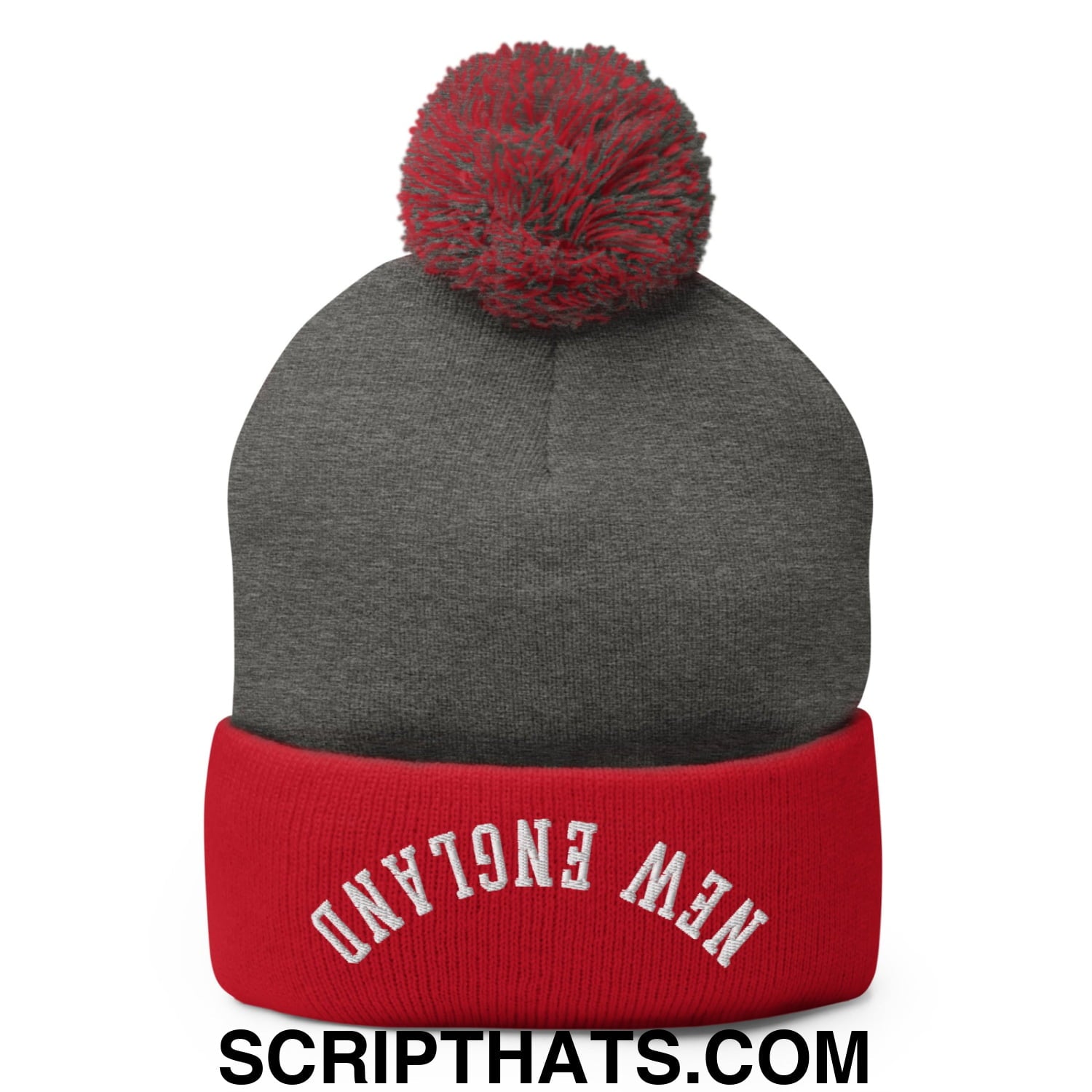 Upside Down New England Embroidered Knit Pom Pom Beanie Dark Heather Grey Red