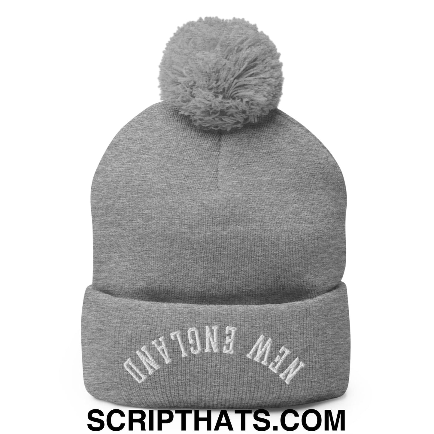Upside Down New England Embroidered Knit Pom Pom Beanie Heather Grey