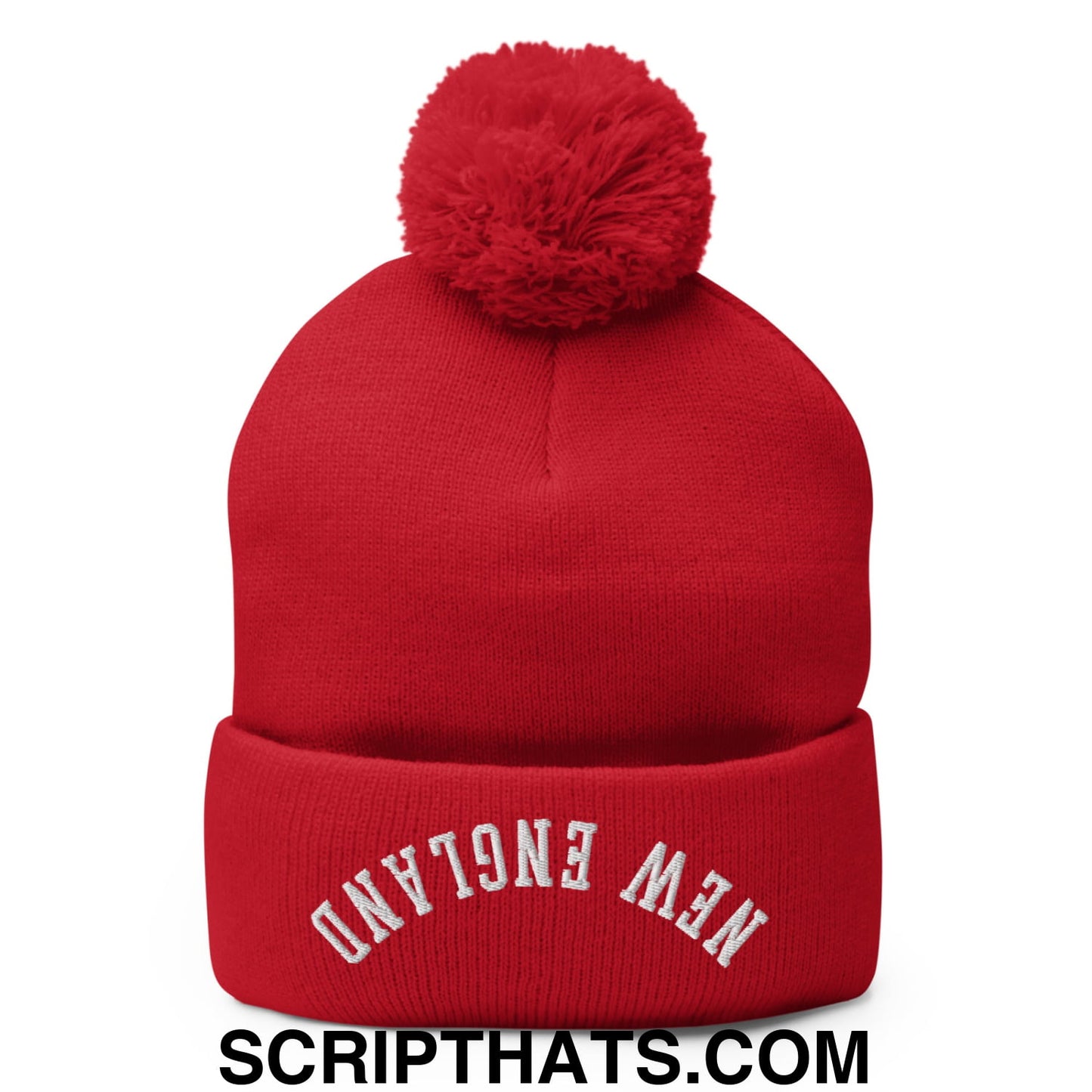 Upside Down New England Embroidered Knit Pom Pom Beanie Red