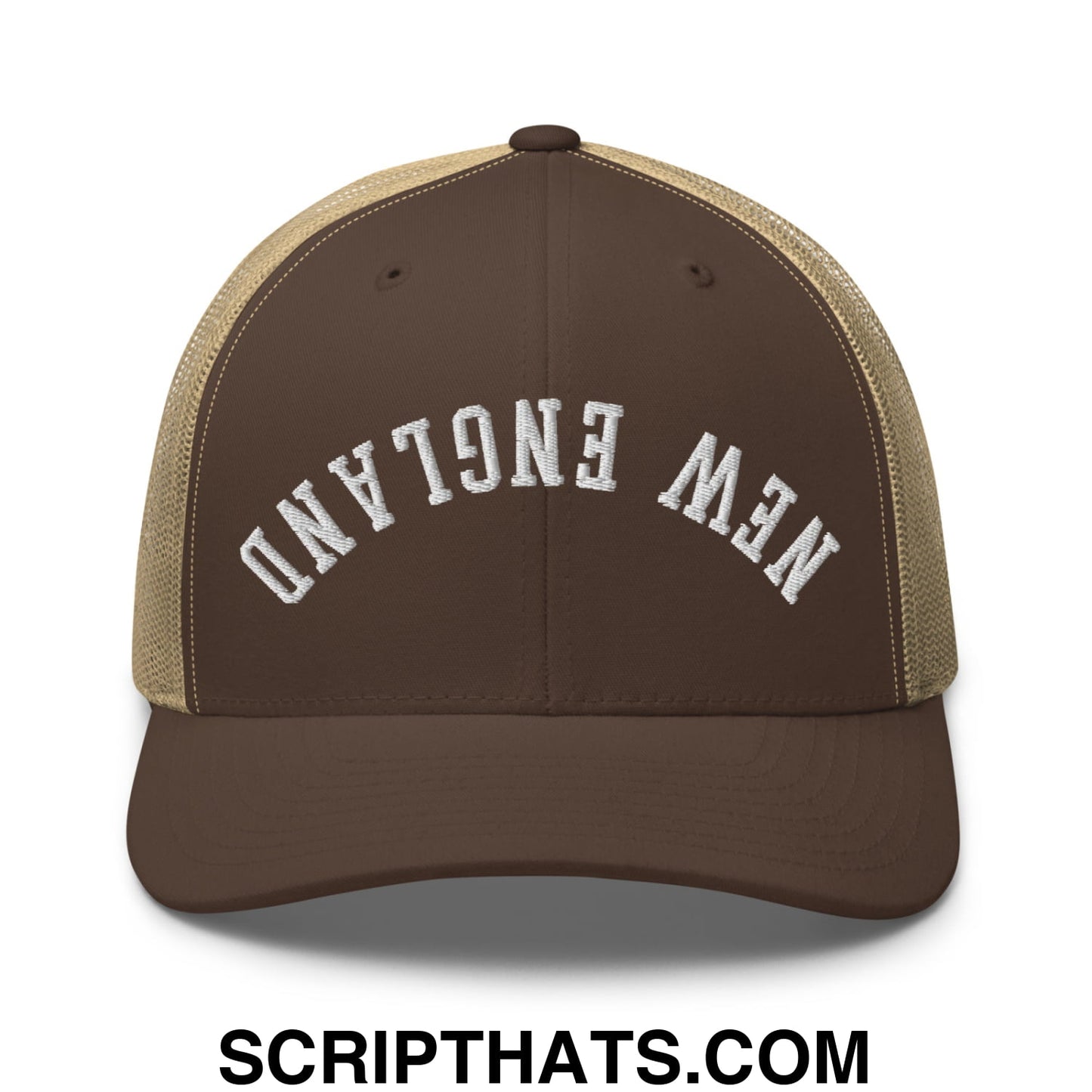 Upside Down New England Embroidered Mesh Trucker Hat Brown Khaki