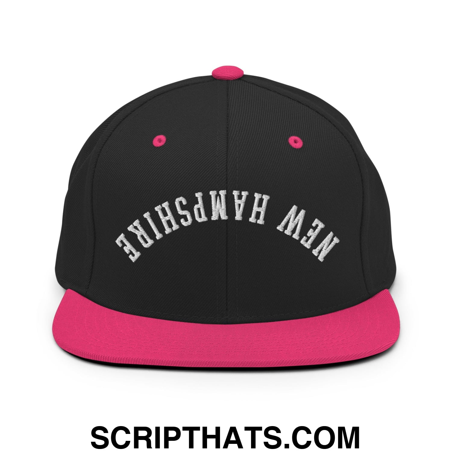 Upside Down New Hampshire Embroidered Flat Bill Brim Snapback Hat Black Neon Pink