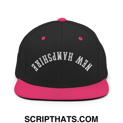 Upside Down New Hampshire Embroidered Flat Bill Brim Snapback Hat Black Neon Pink