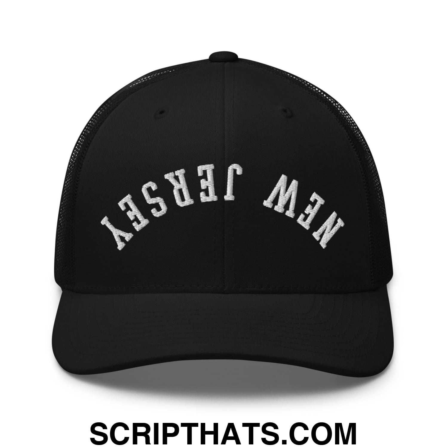 Upside Down New Jersey Embroidered Mesh Trucker Hat Black