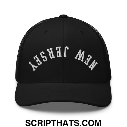 Upside Down New Jersey Embroidered Mesh Trucker Hat Black