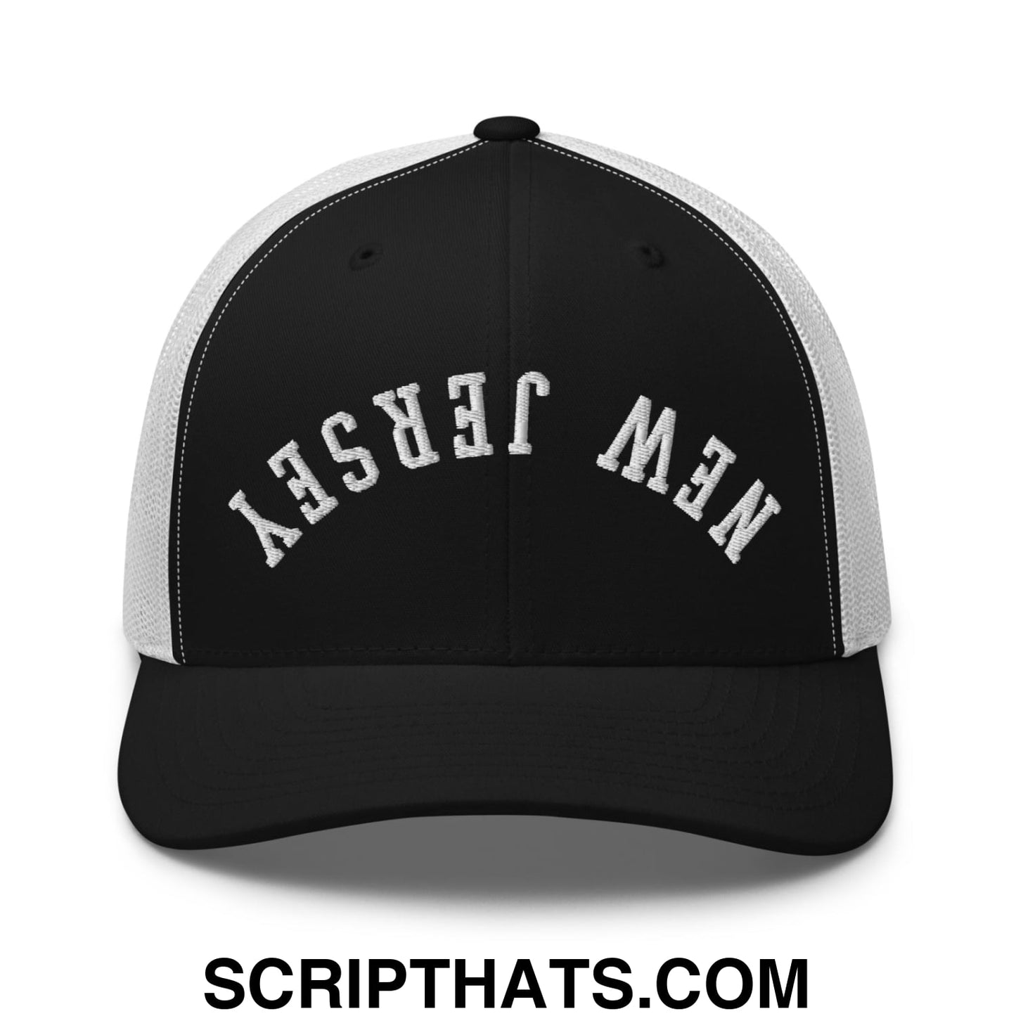 Upside Down New Jersey Embroidered Mesh Trucker Hat Black White