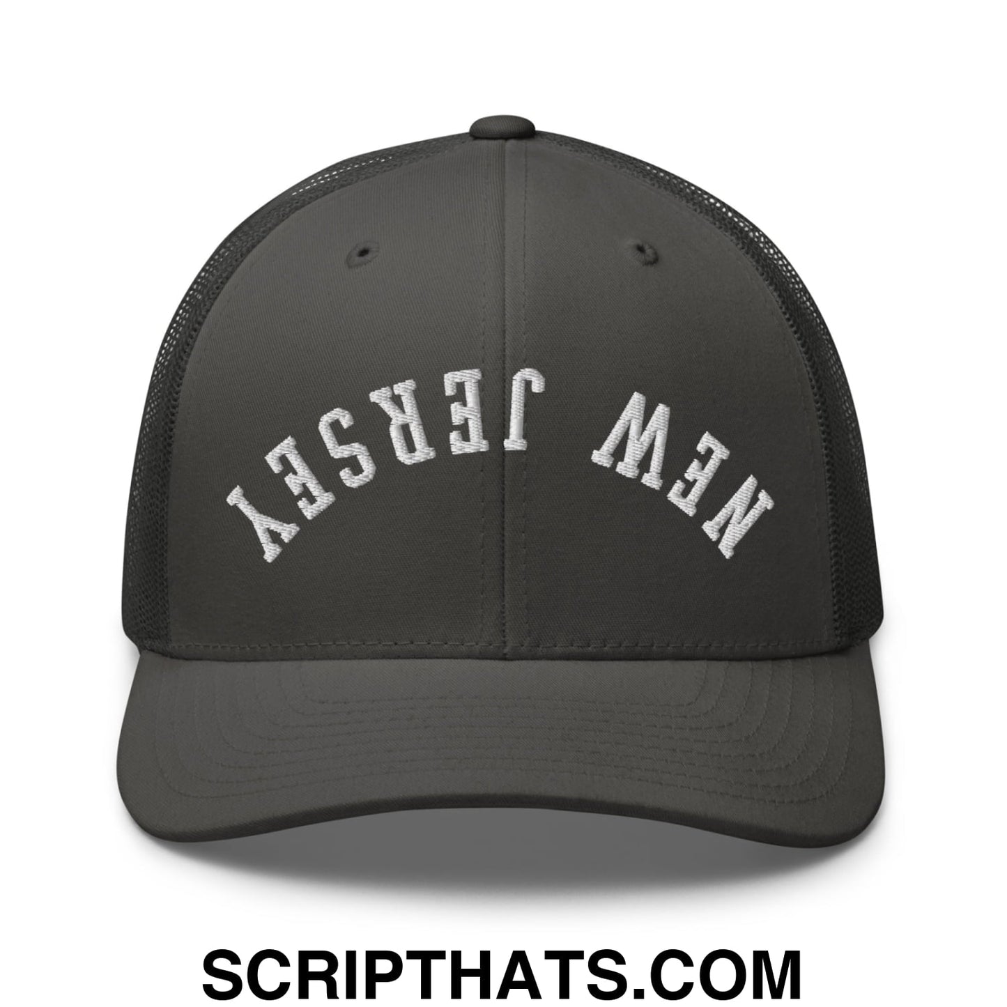 Upside Down New Jersey Embroidered Mesh Trucker Hat Charcoal